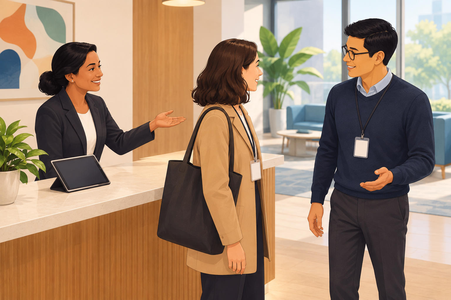 Illustration of receptionist Priya introducing visitor Maya to her host Daniel beside a reception desk.