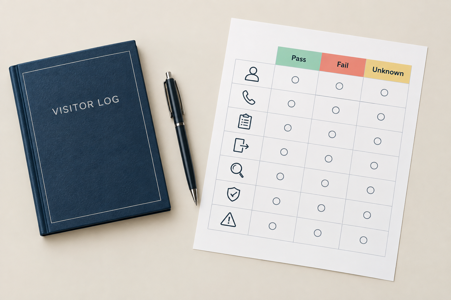 Overhead illustration of a fictional visitor-process worksheet, closed logbook and pen on a facilities manager's desk.