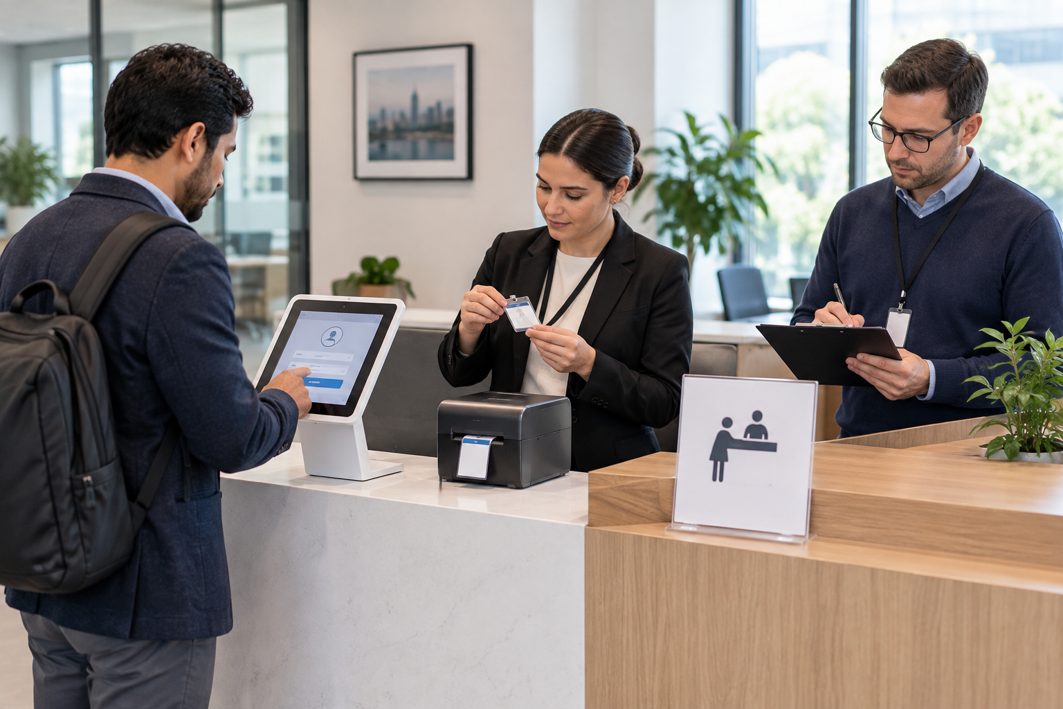 Illustrative reception pilot with a visitor at a tablet, a receptionist checking a badge and an IT evaluator recording results.