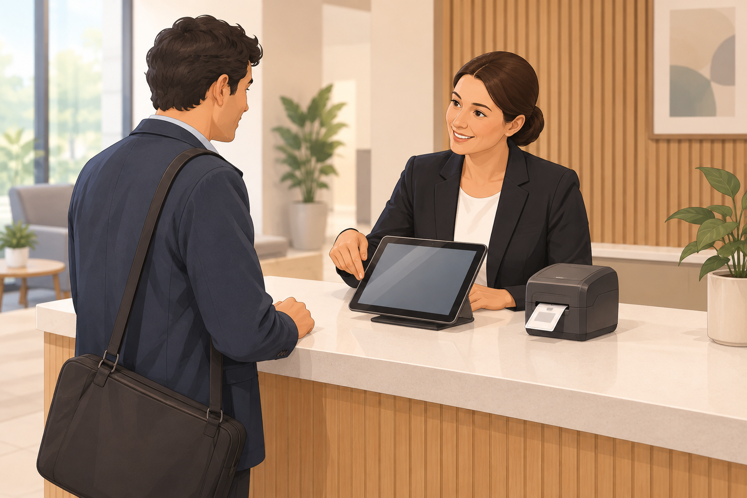 Illustrated receptionist assisting a guest beside an unbranded sign-in tablet and badge printer.