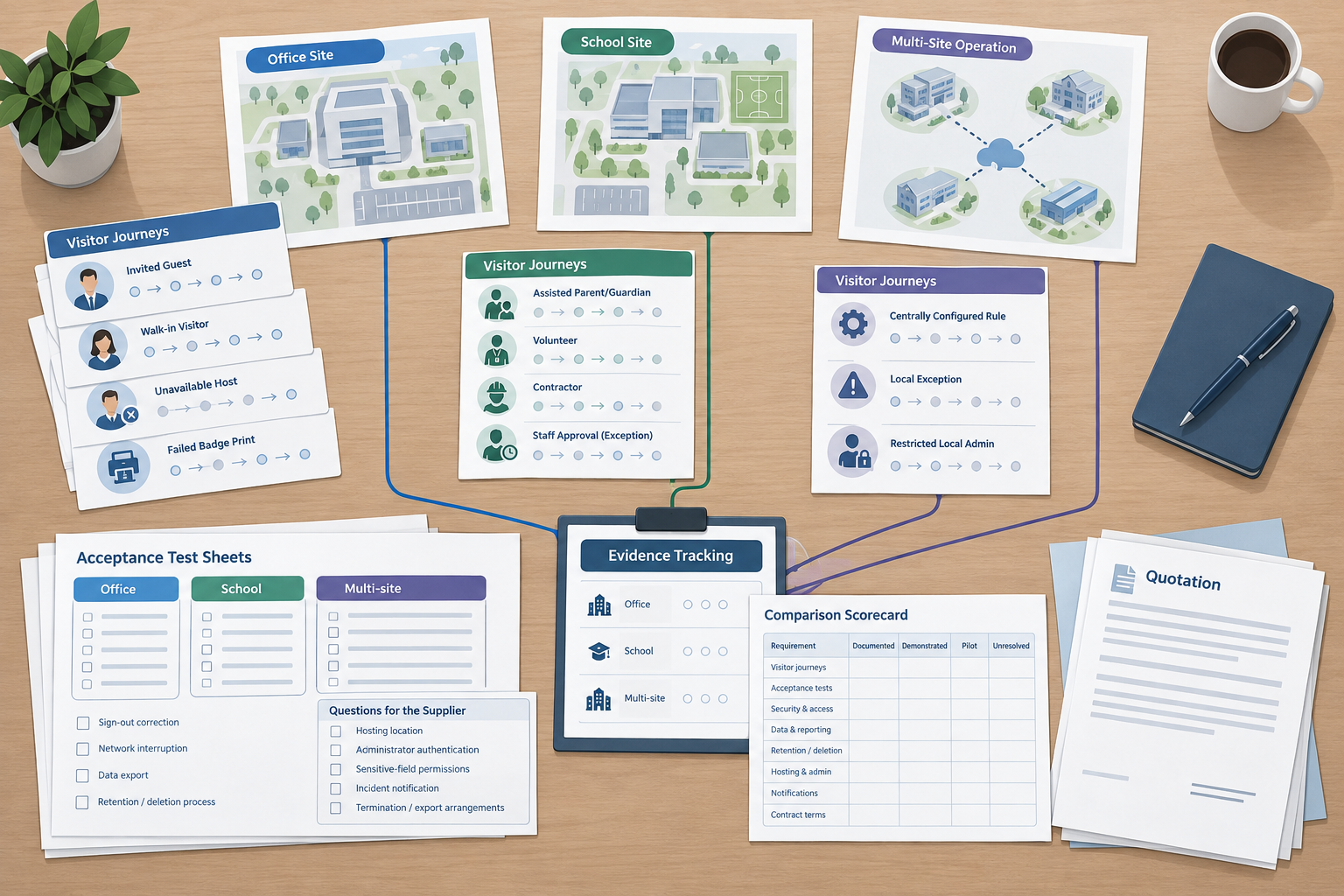 Overhead illustration of site maps, evaluation sheets and a quotation arranged for a visitor-management comparison.