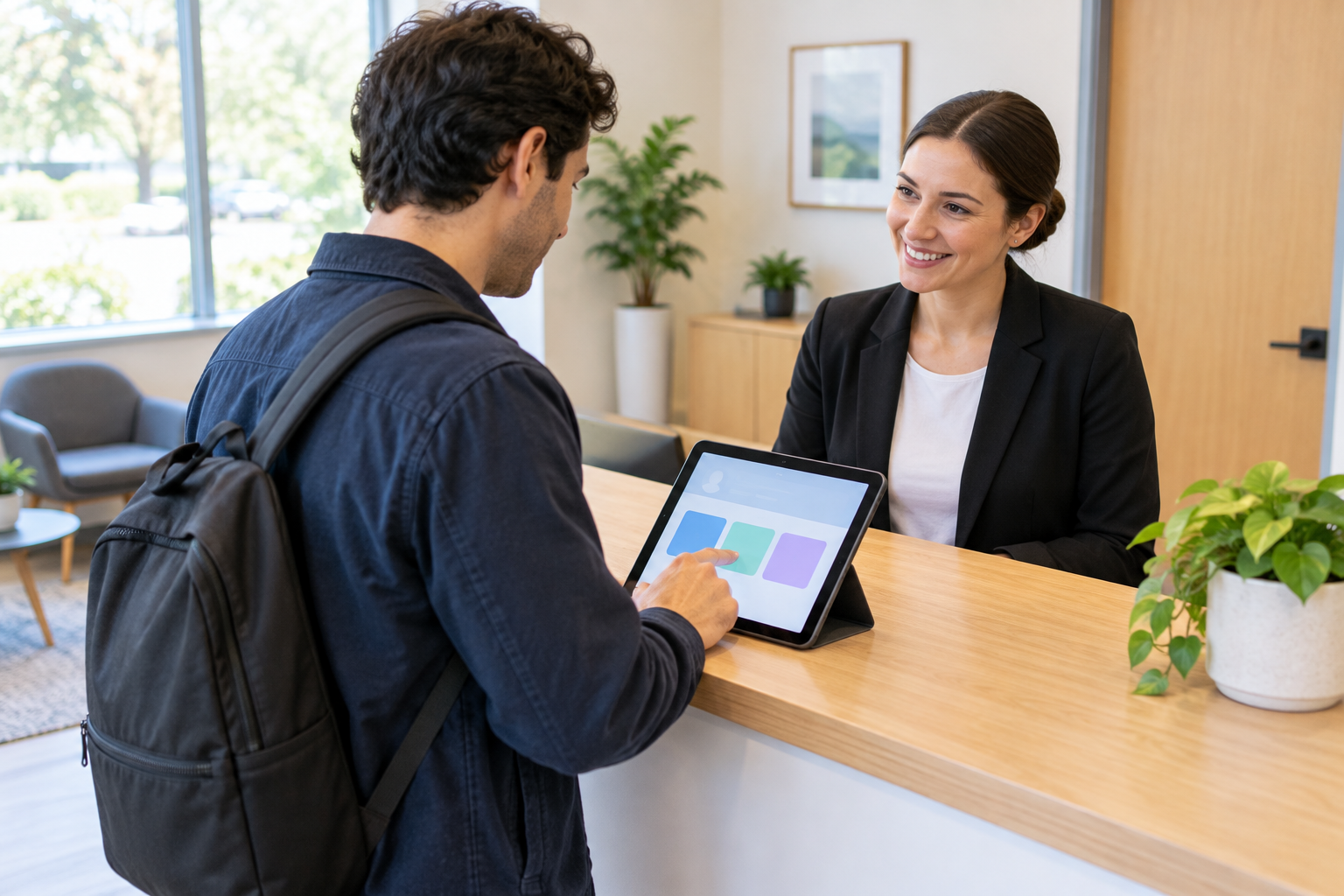 Illustrative small-office reception with a visitor using a tablet and a receptionist available to assist.