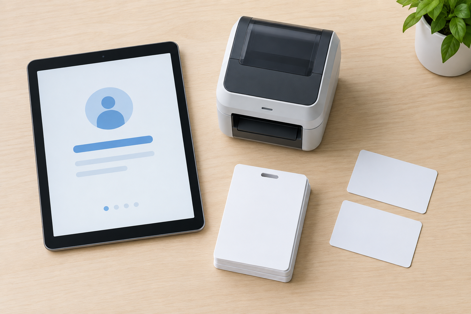 Overhead illustration of an unbranded tablet, generic badge printer, blank badge stock and two separate budget cards.