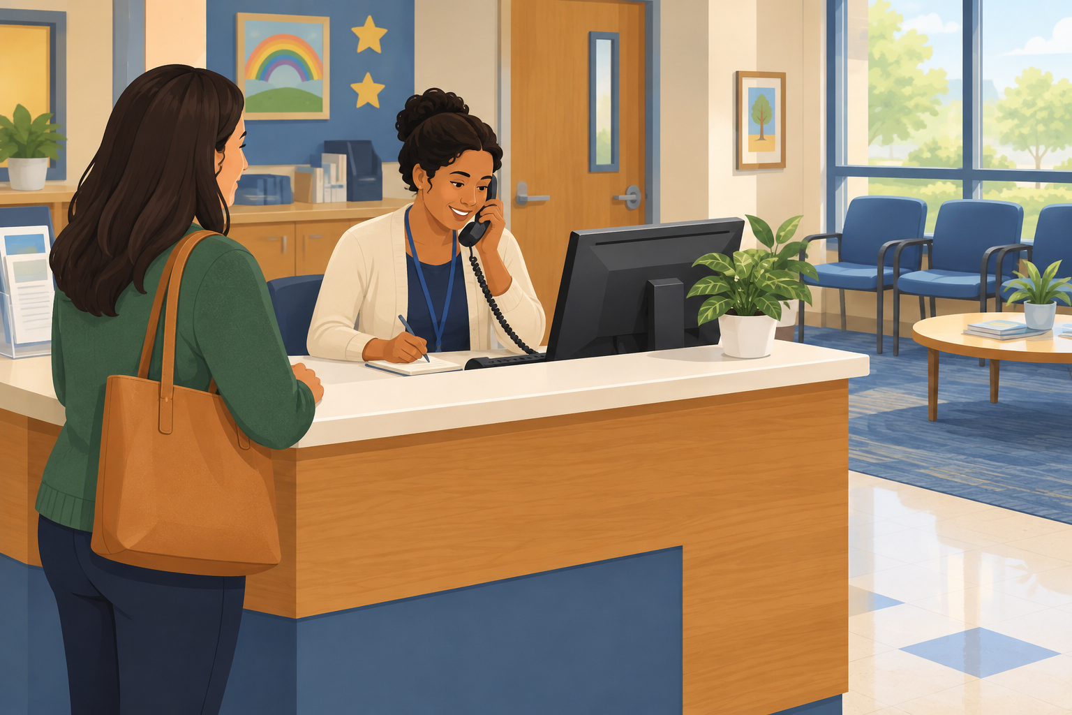 Illustration of a guardian waiting at school reception while a receptionist contacts the meeting host.