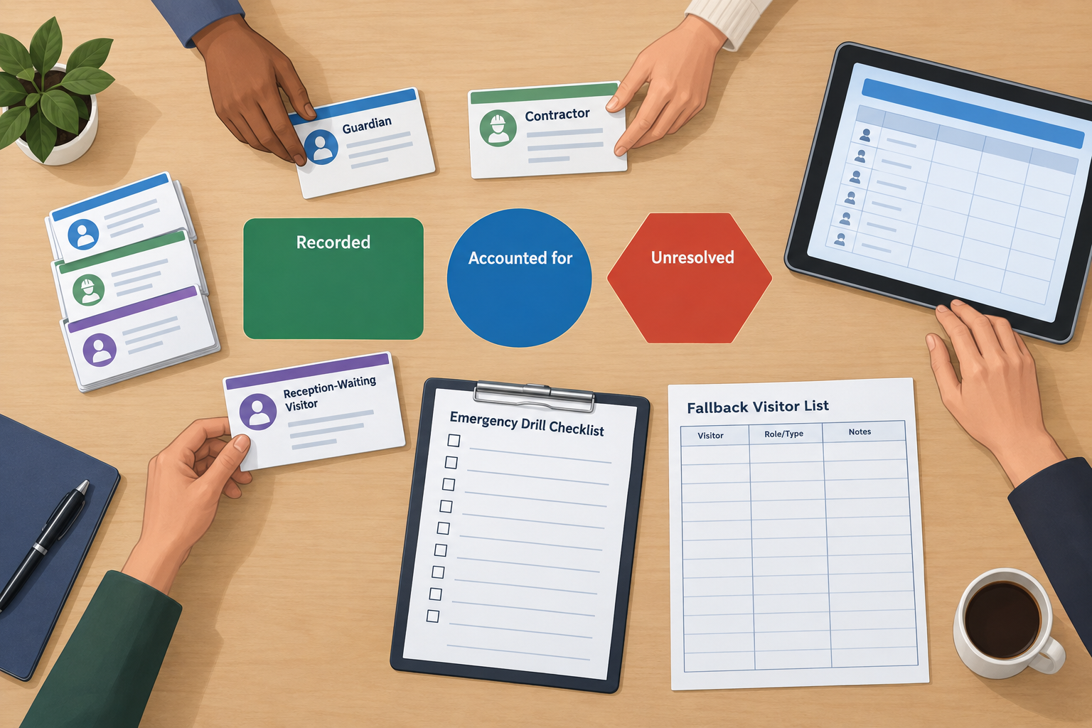 Overhead illustration of staff reconciling fictional visitor cards with a drill checklist and a paper fallback list.