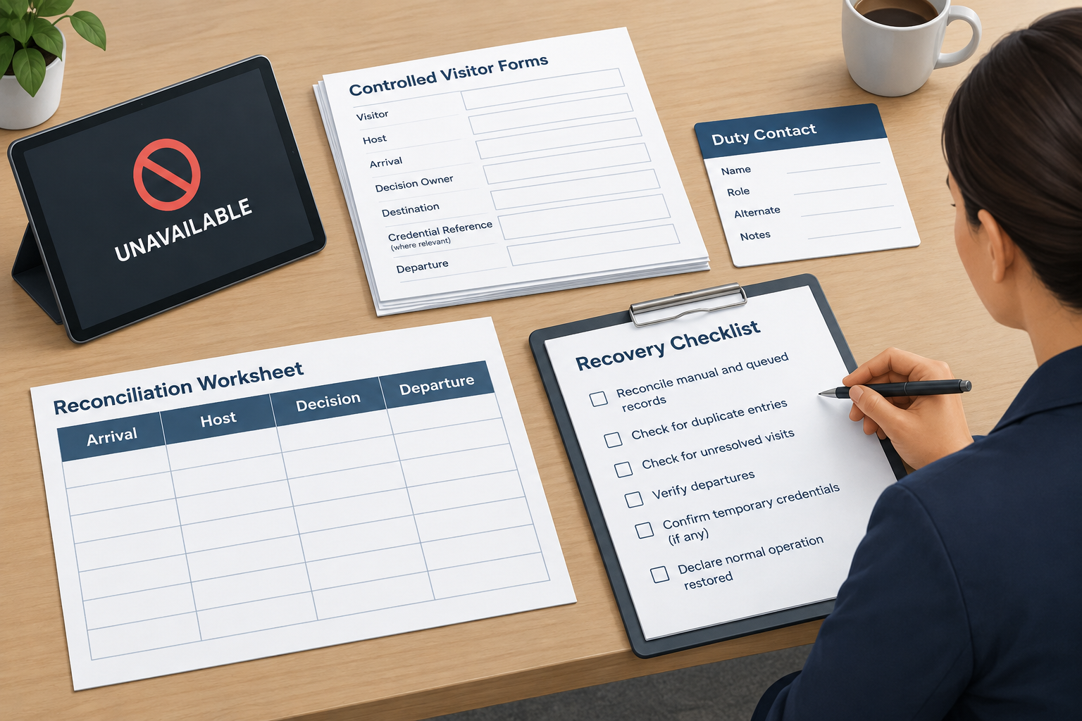 Illustrative facilities worktable with an outage checklist, blank visitor fallback forms, a duty-contact card and a reconciliation sheet.