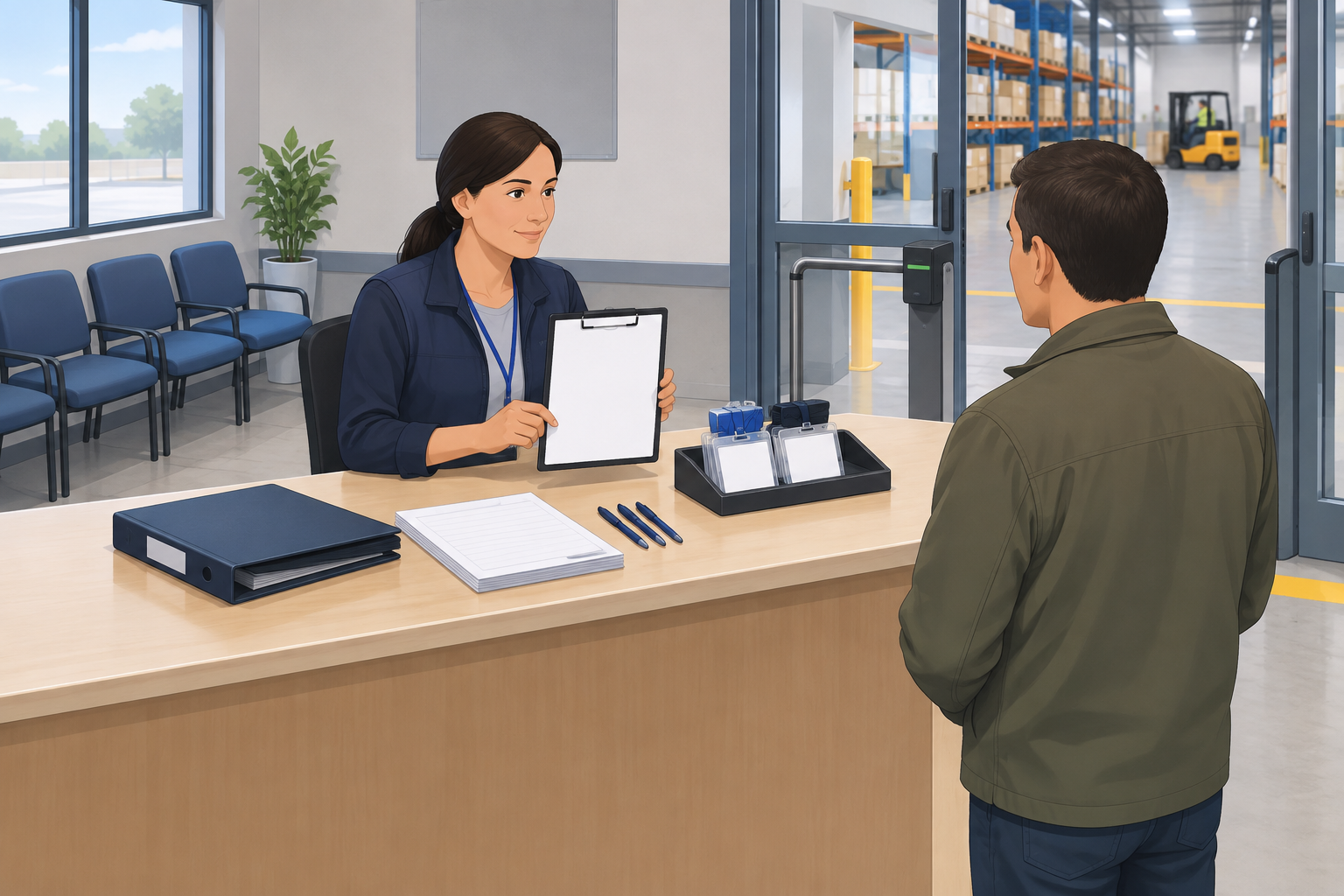 Illustrative warehouse reception station with blank outage forms, temporary badges and a designated visitor waiting area.