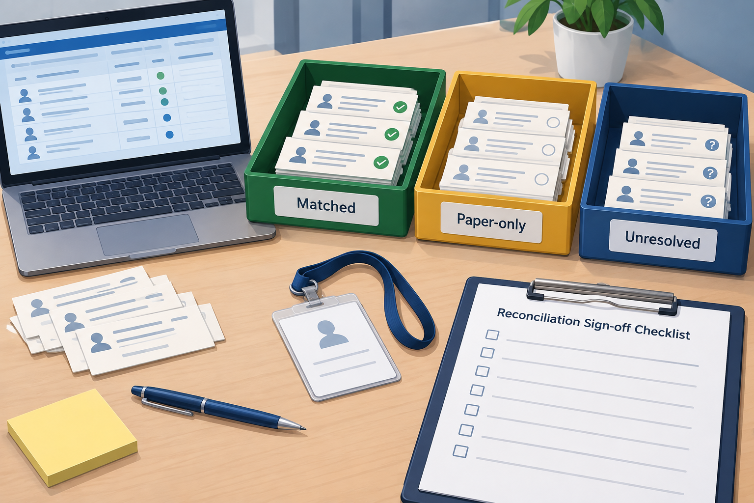Illustrative reconciliation workspace with fictional paper visit references matched to digital records and a separate unresolved-items tray.