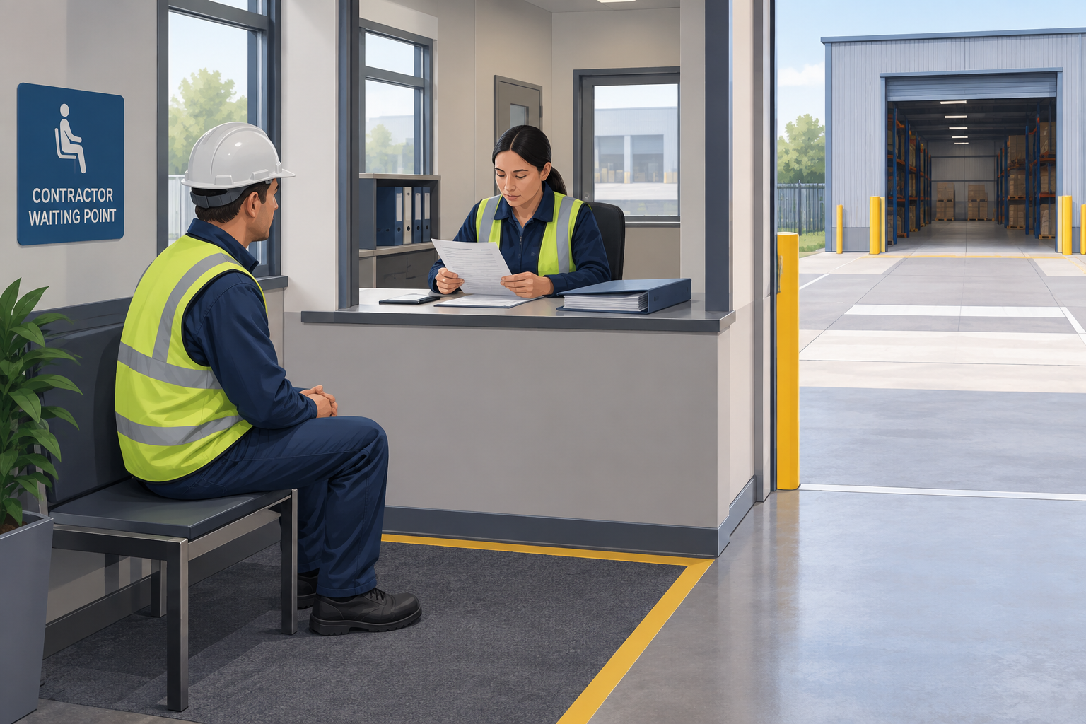 Illustration of a contractor waiting at a designated gatehouse point while staff verify an induction record.