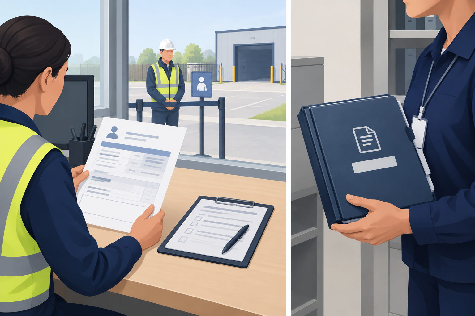 Conceptual illustration separating a minimal visit decision sheet from a restricted induction-evidence file.