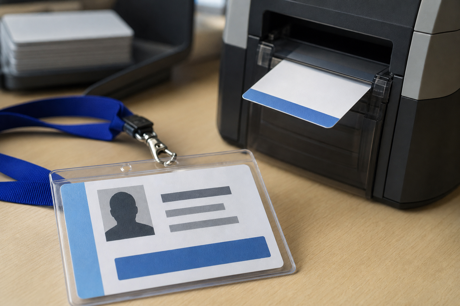 What Should You Buy?: a close-up visitor badge or printed visitor pass beside a badge printer and lanyard