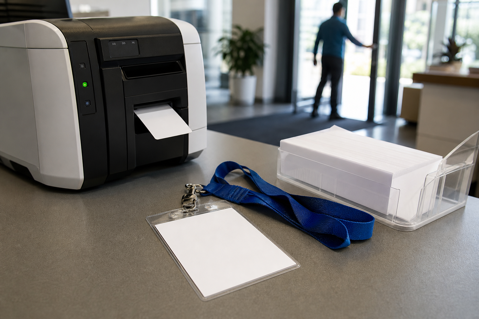 What Is a Visitor Management System for Offices?: a close-up visitor badge or printed visitor pass beside a badge printer and lanyard