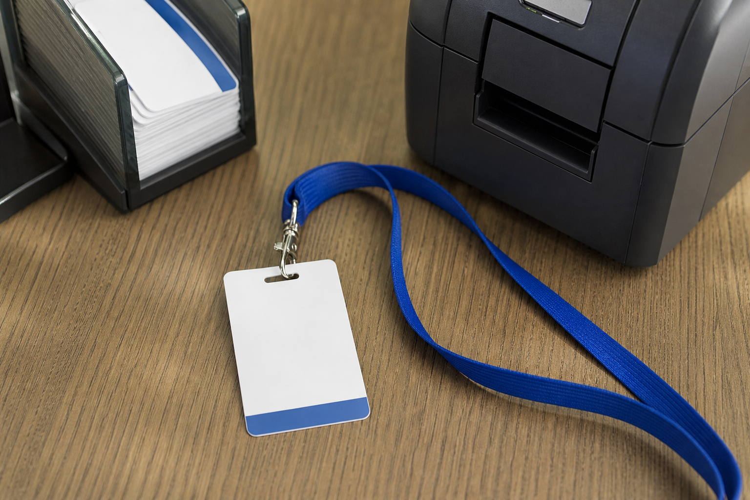 How Can a Visitor Management System Modernize Office Operations?: a close-up visitor badge or printed visitor pass beside a badge printer and lanyard