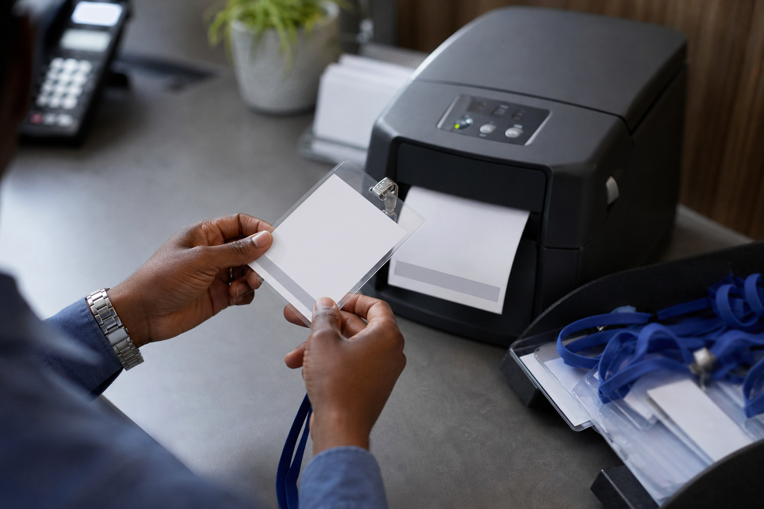 How Does an Office Visitor Management System Work?: a close-up visitor badge or printed visitor pass beside a badge printer and lanyard