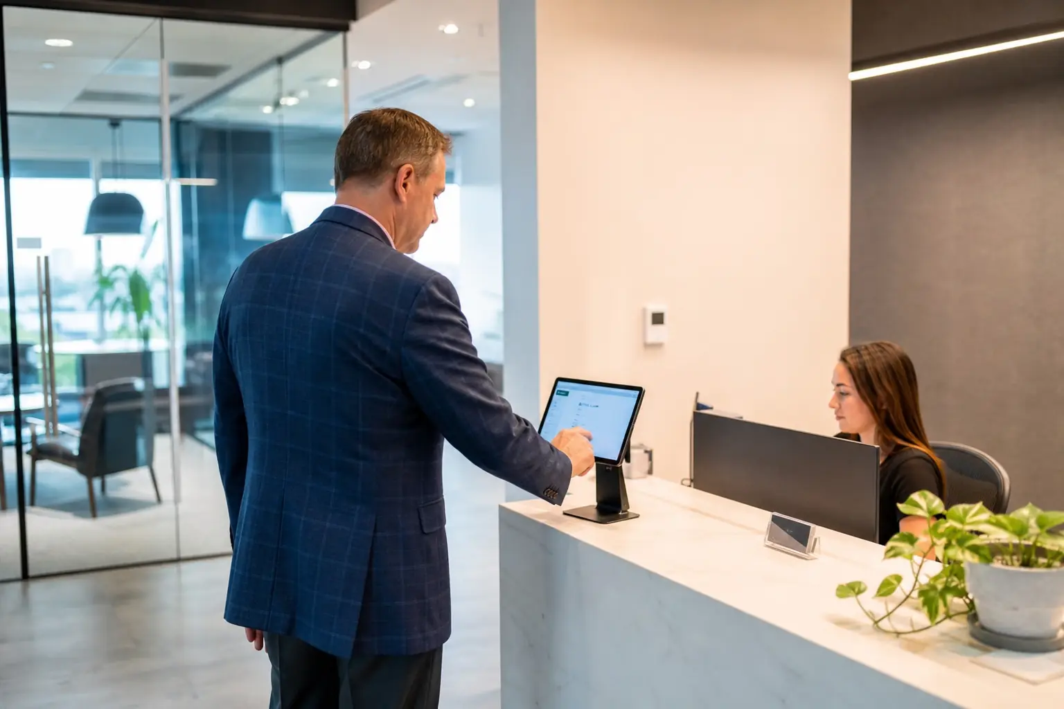 Visitor checking in with a digital reception kiosk