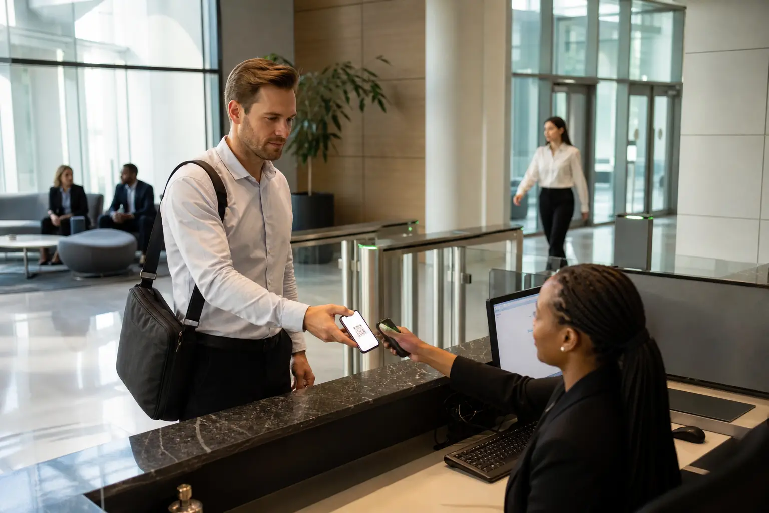Visitor entering a secure workplace reception area