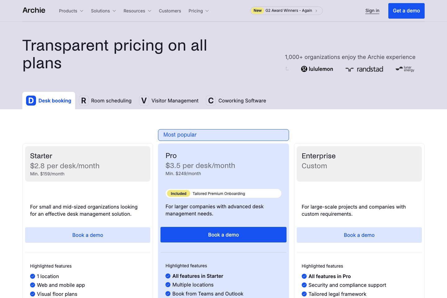 Archie pricing page screenshot