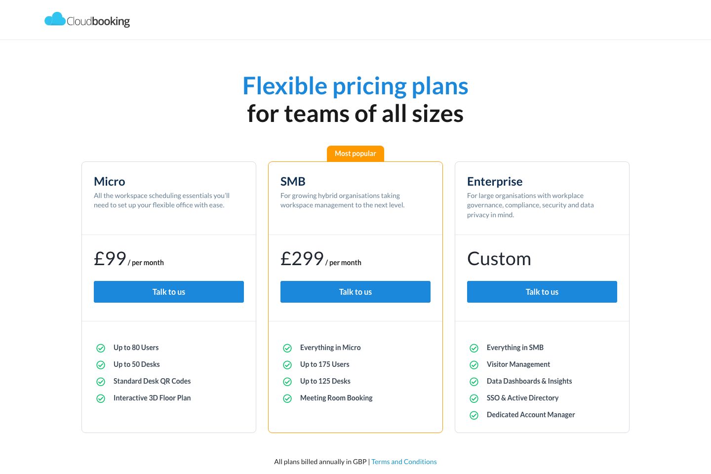 Cloudbooking pricing page screenshot