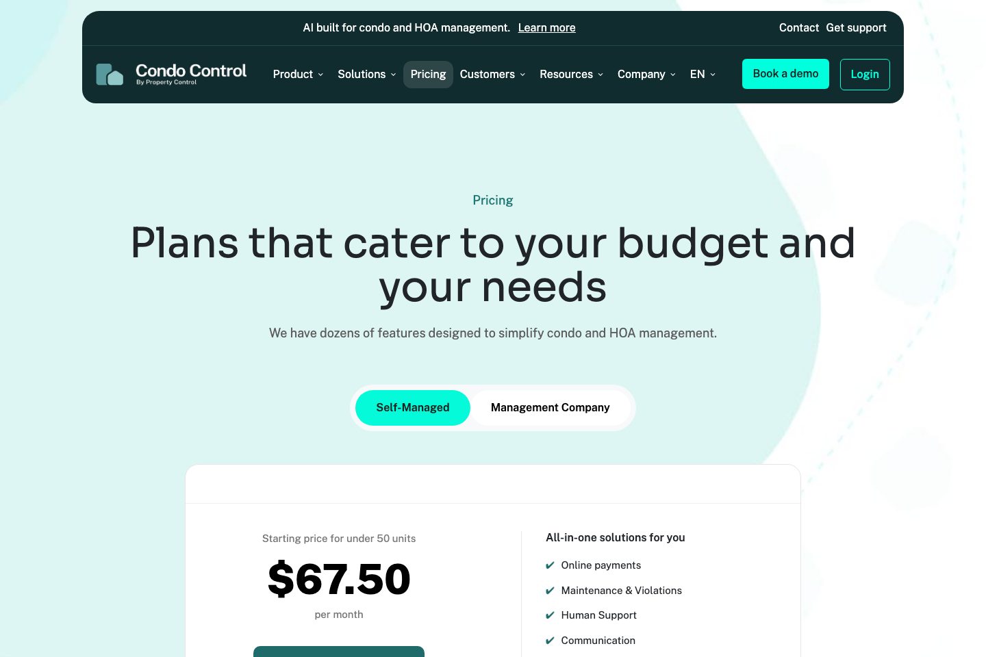 Condo Control pricing page screenshot