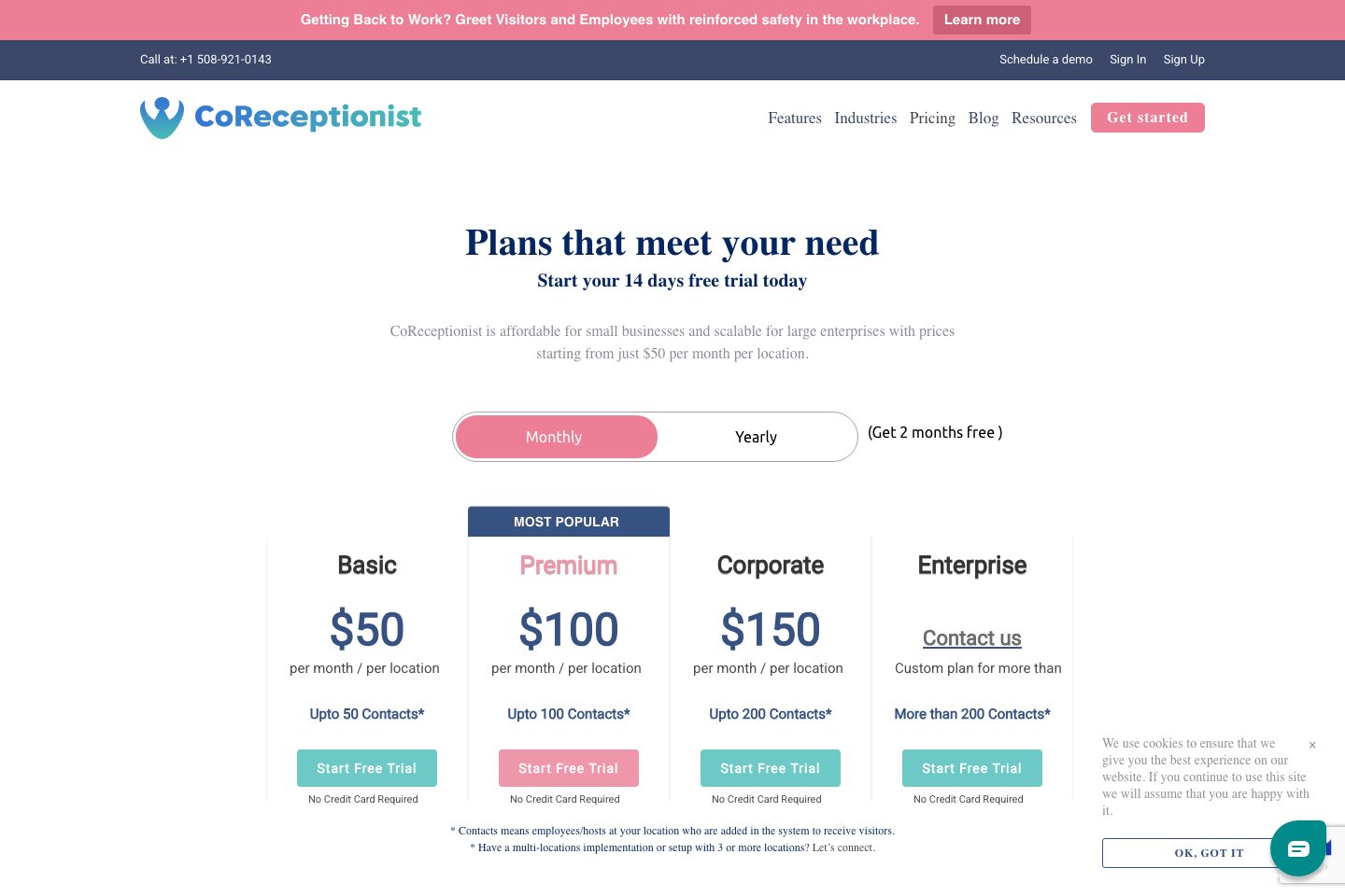 CoReceptionist pricing page screenshot