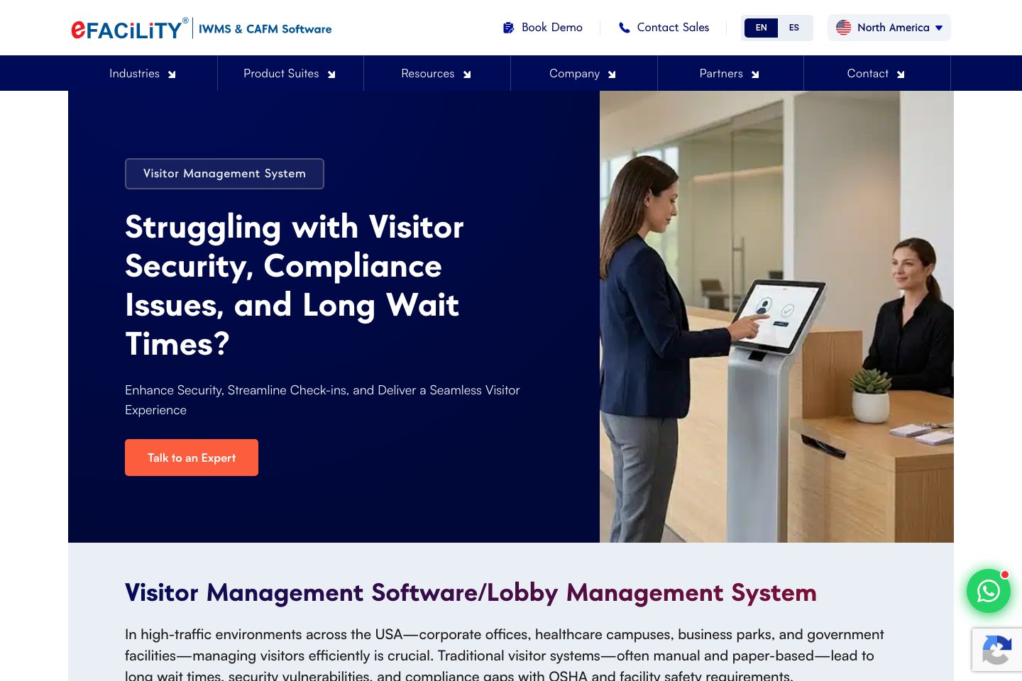 eFACiLiTY Visitor Management System homepage screenshot