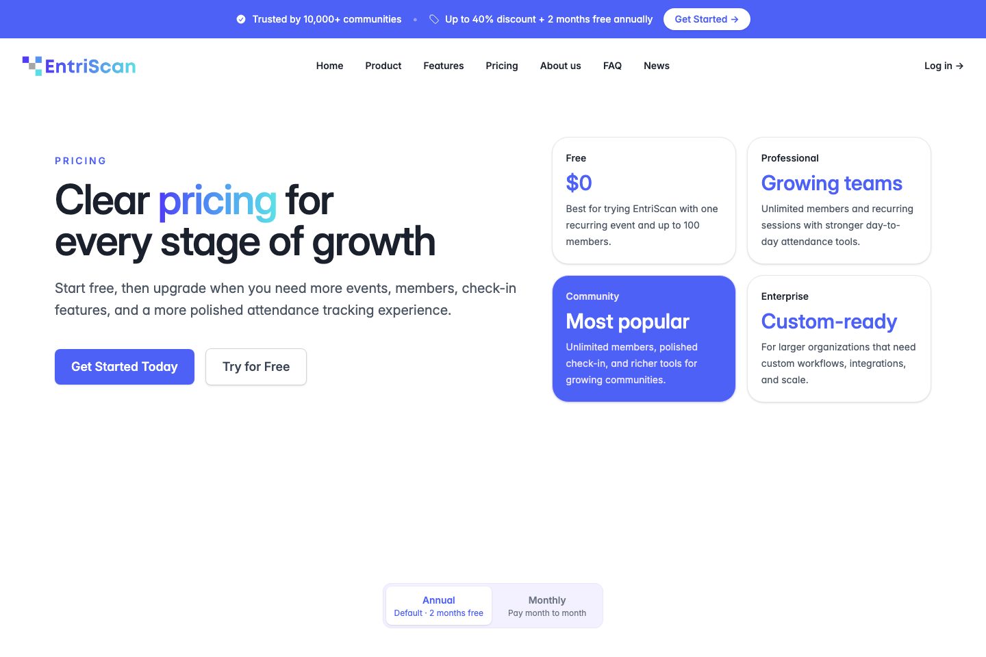 EntriScan pricing page screenshot