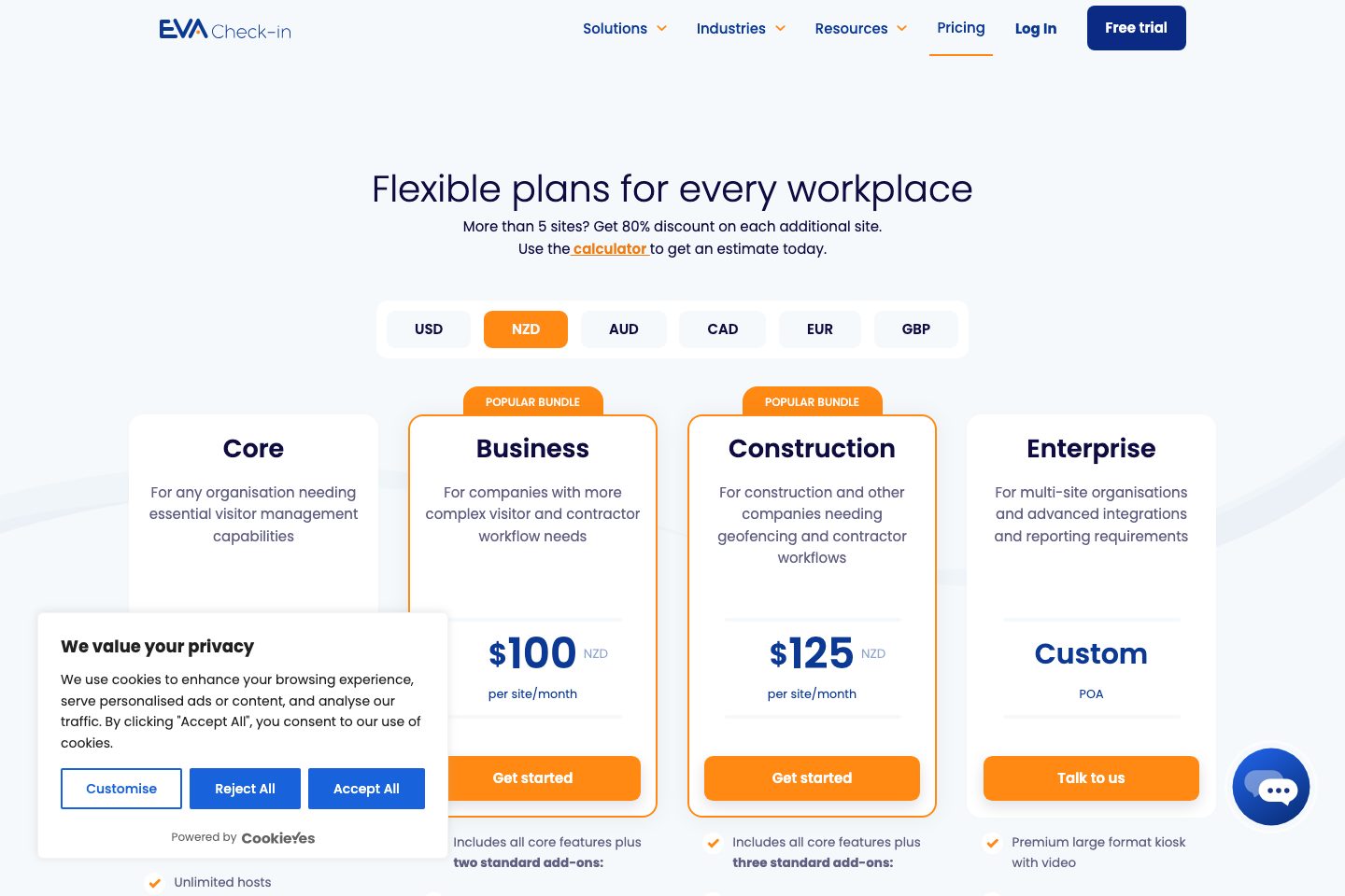 EVA Check-in pricing page screenshot