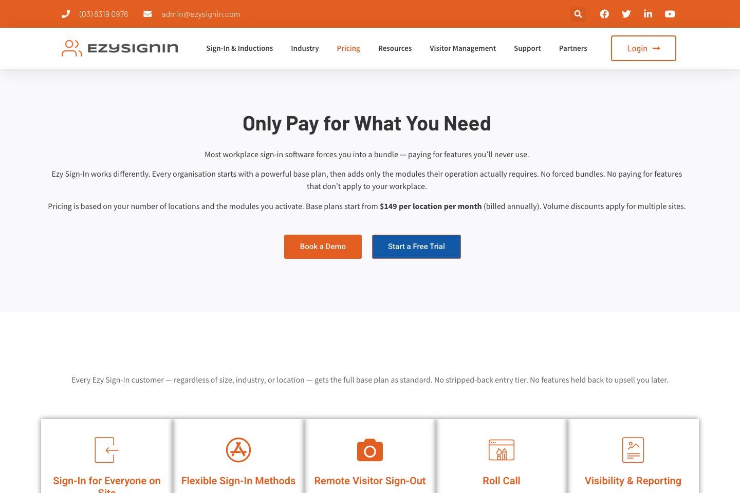 Ezy Sign-In pricing page screenshot