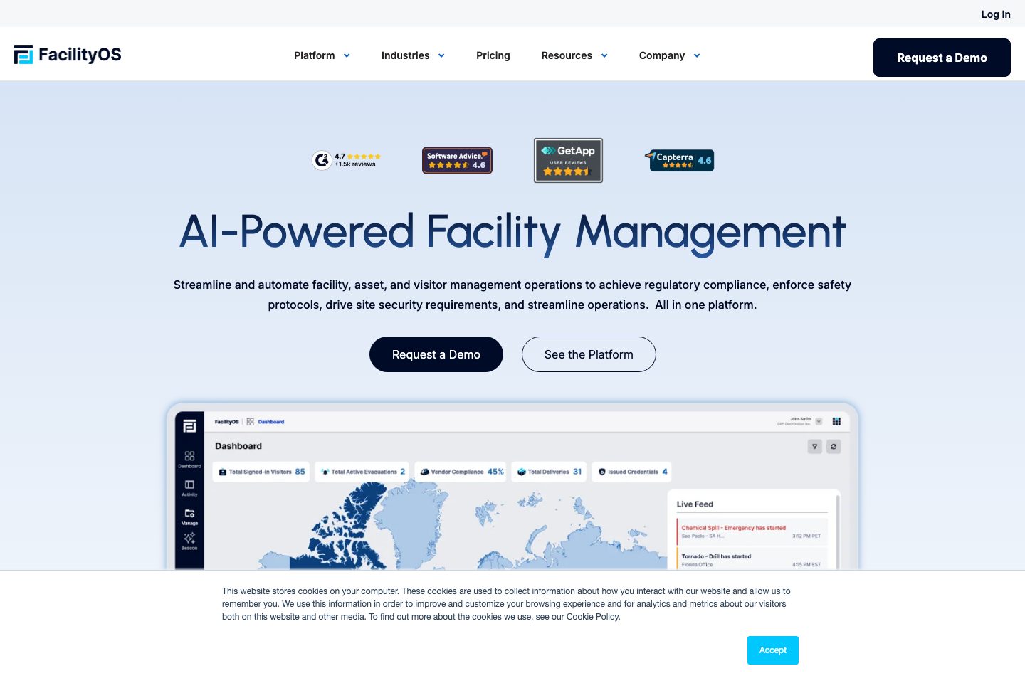 FacilityOS homepage screenshot