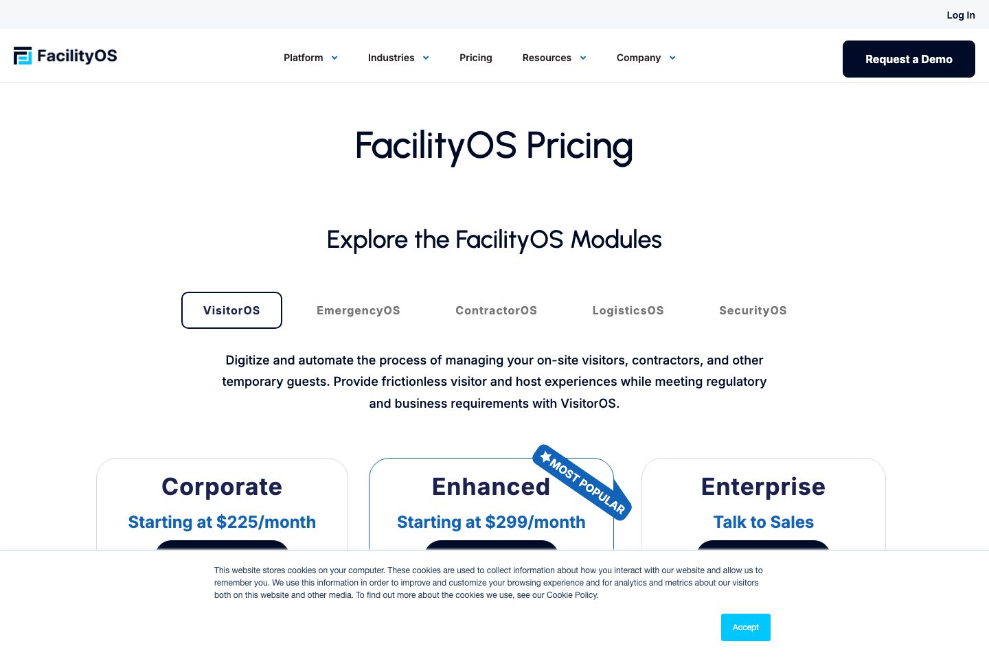 FacilityOS pricing page screenshot