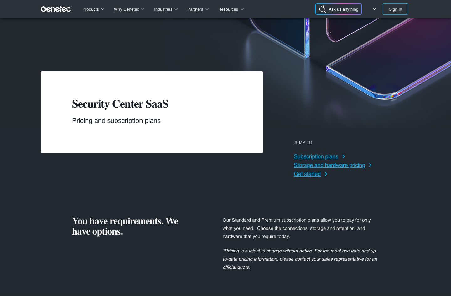 Genetec pricing page screenshot