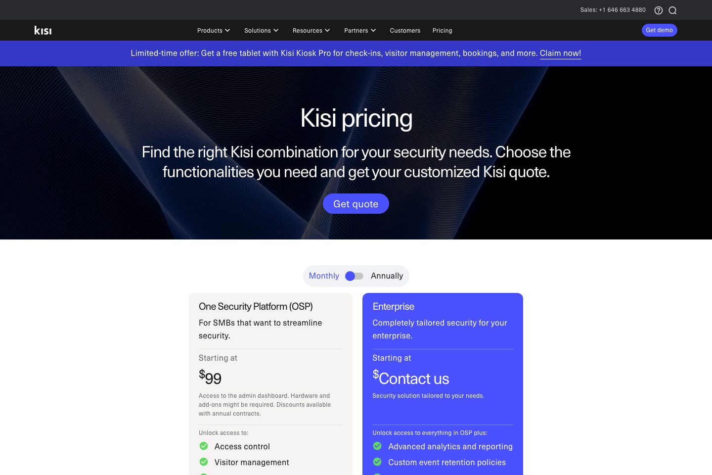 Kisi Visitor Management pricing page screenshot