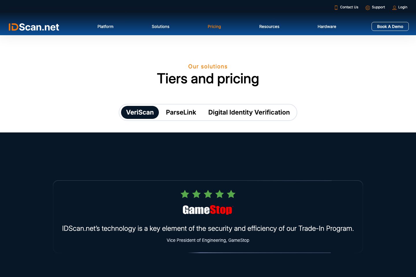 VeriScan pricing page screenshot