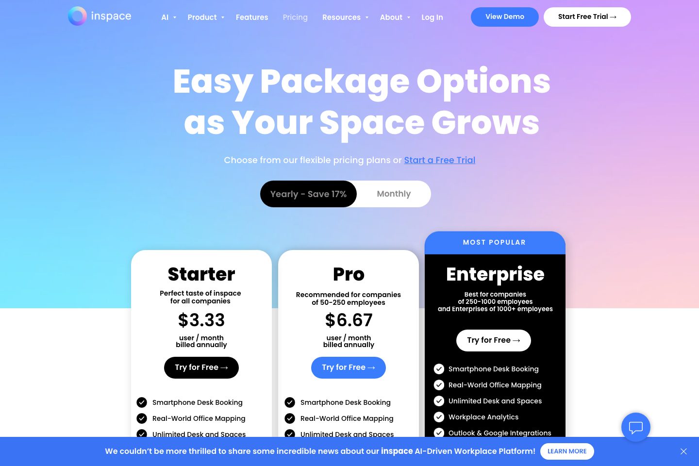 inspace pricing page screenshot