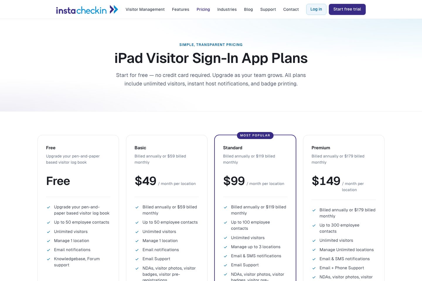 InstaCheckin pricing page screenshot