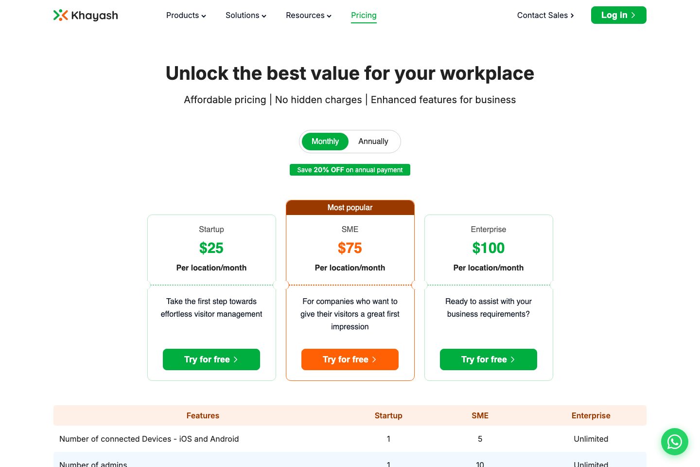 Khayash pricing page screenshot