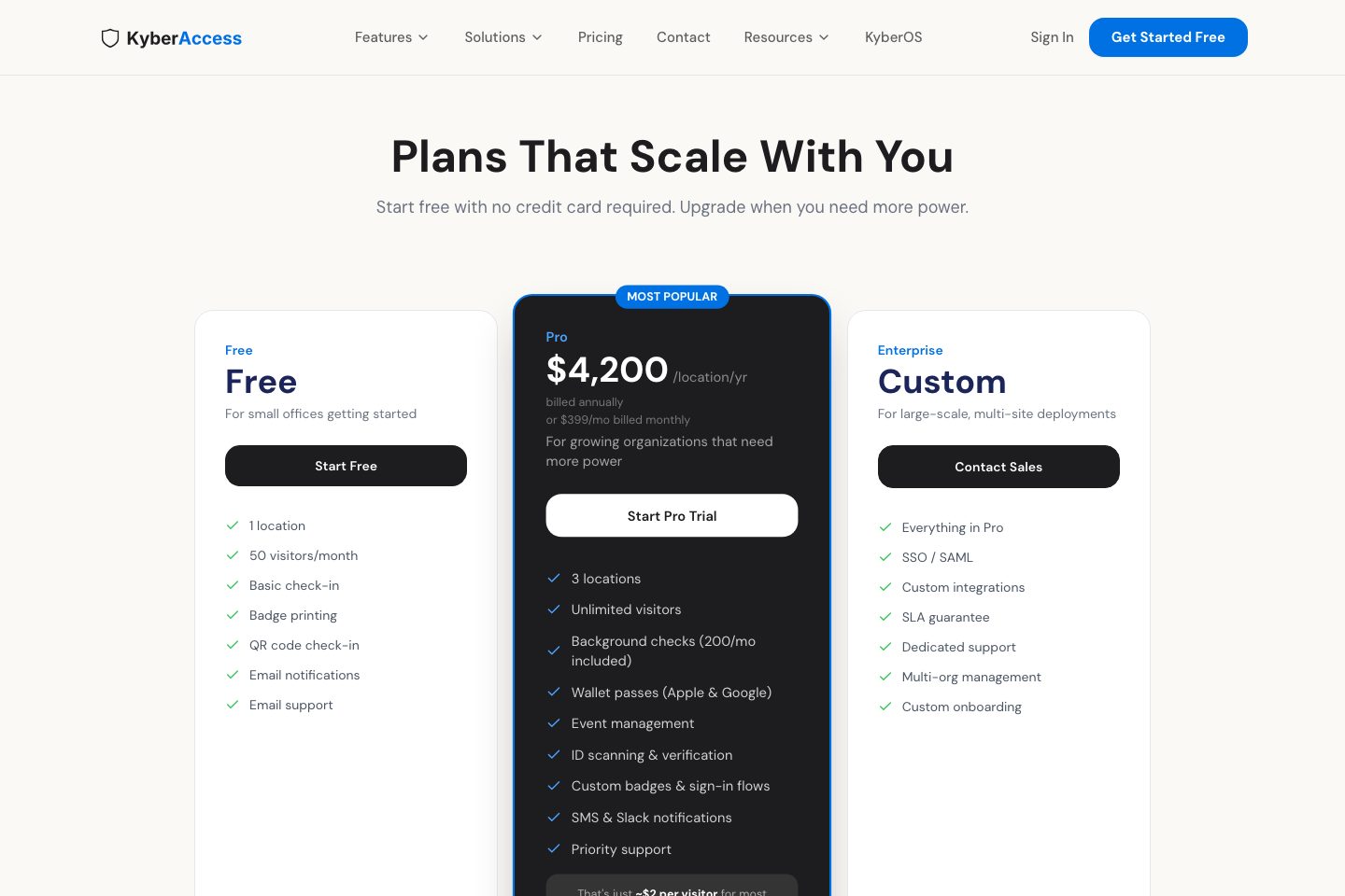 KyberAccess pricing page screenshot