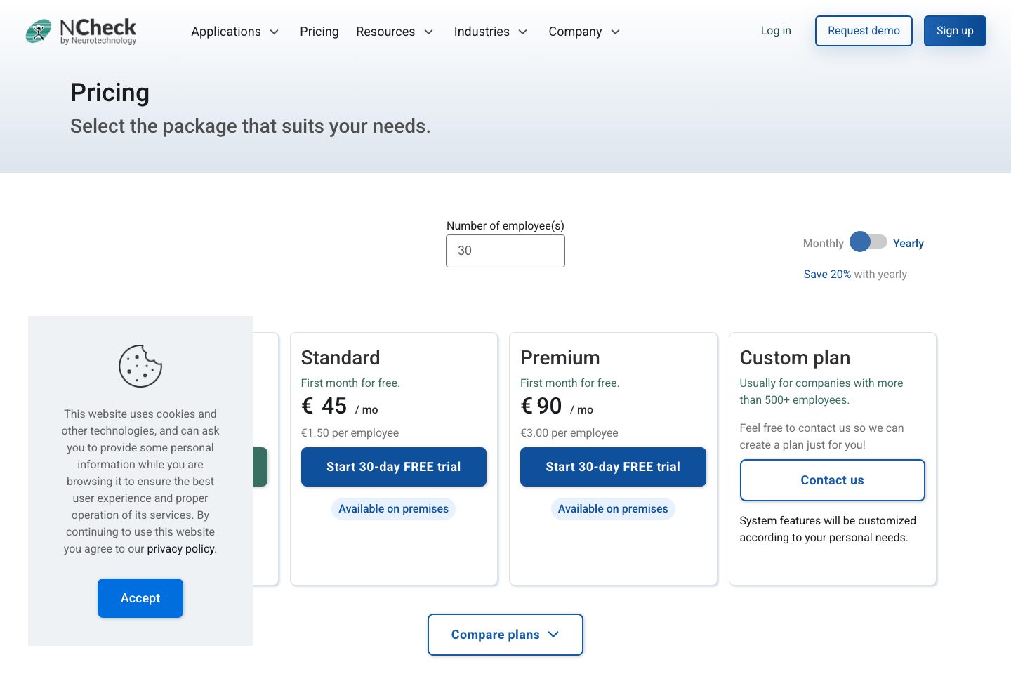 NCheck Visitor Management System pricing page screenshot