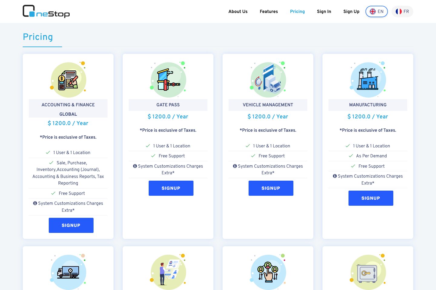 OneStop pricing page screenshot
