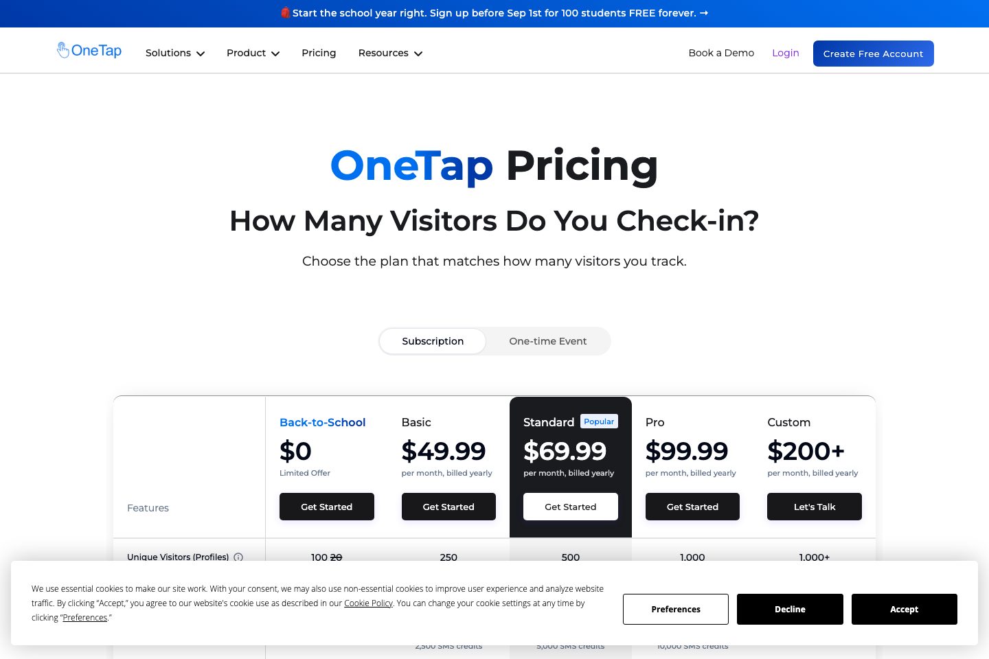 OneTap pricing page screenshot