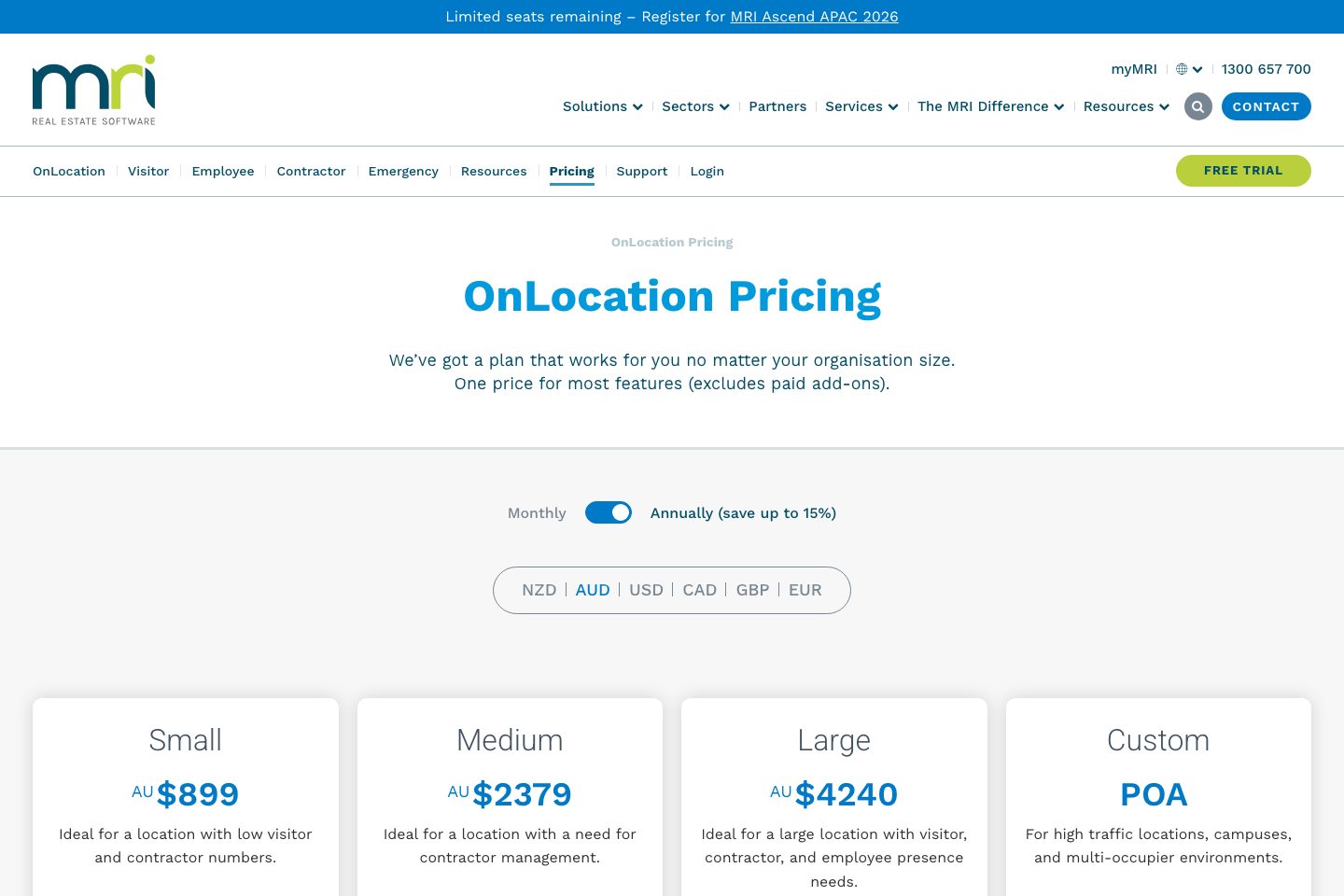 MRI OnLocation pricing page screenshot