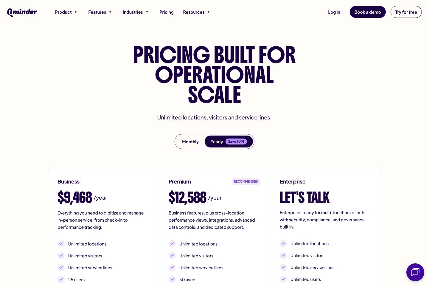 Qminder pricing page screenshot