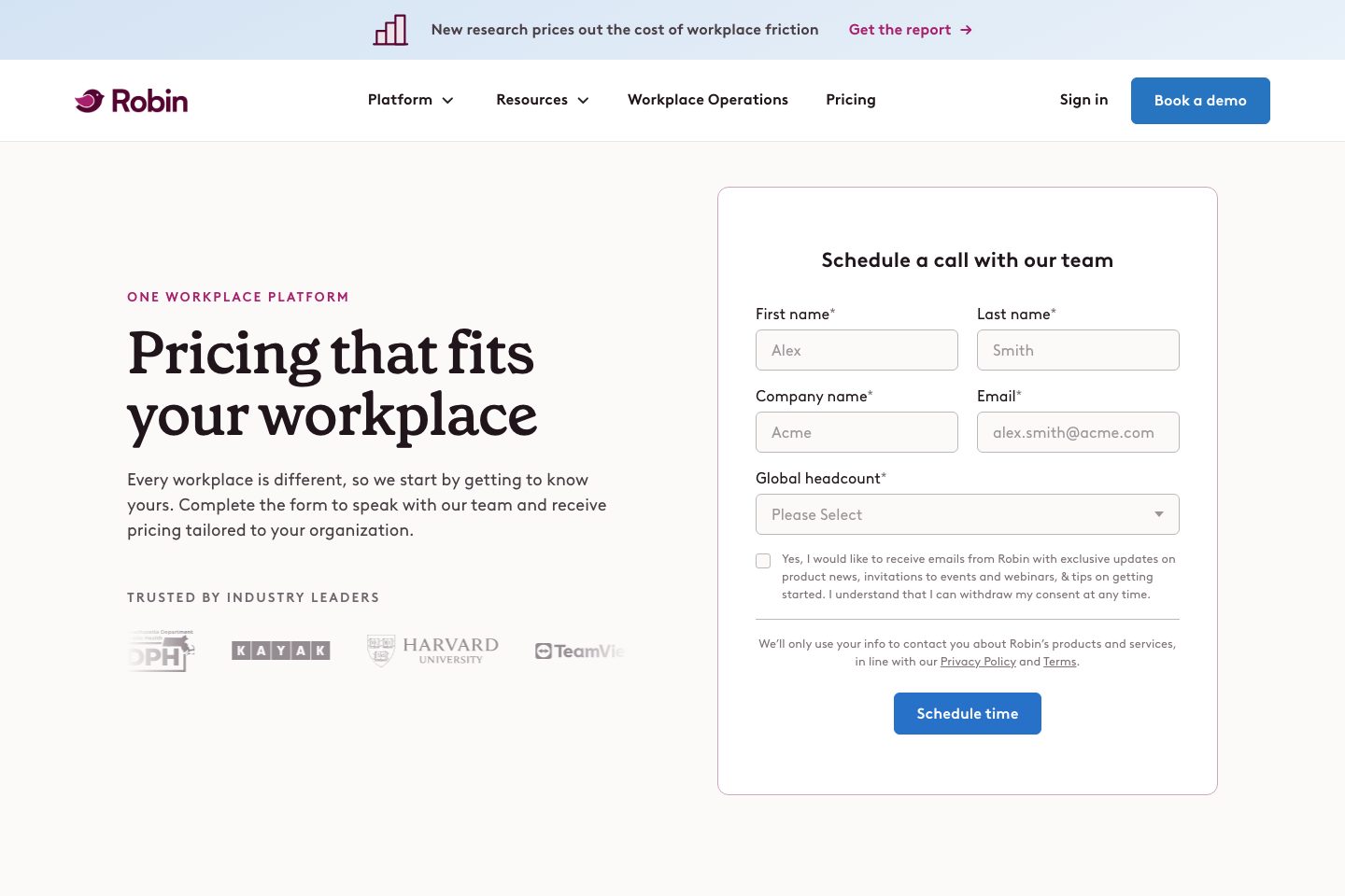 Robin pricing page screenshot