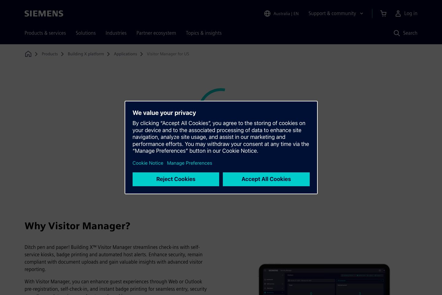 Siemens Building X Visitor Manager homepage screenshot