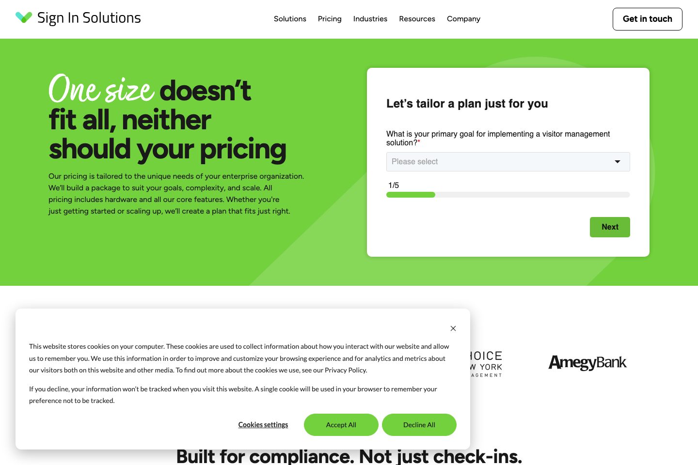 Sign In Solutions pricing page screenshot