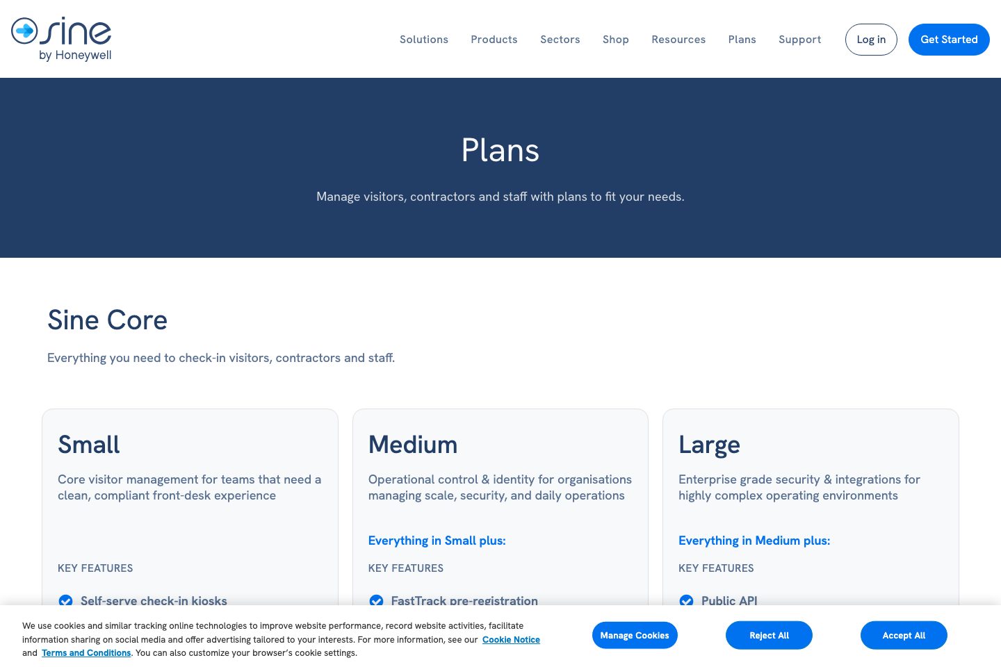 Sine by Honeywell pricing page screenshot