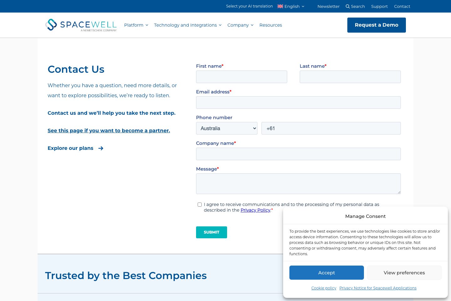 Spacewell pricing page screenshot