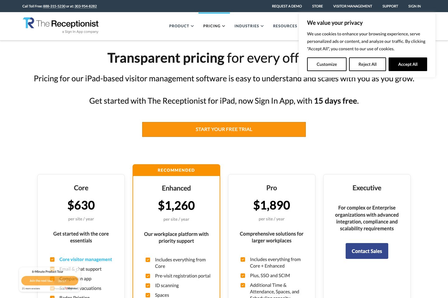 The Receptionist pricing page screenshot