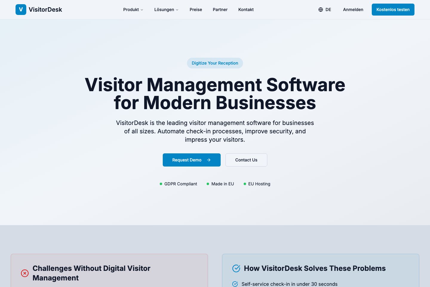 VisitorDesk homepage screenshot