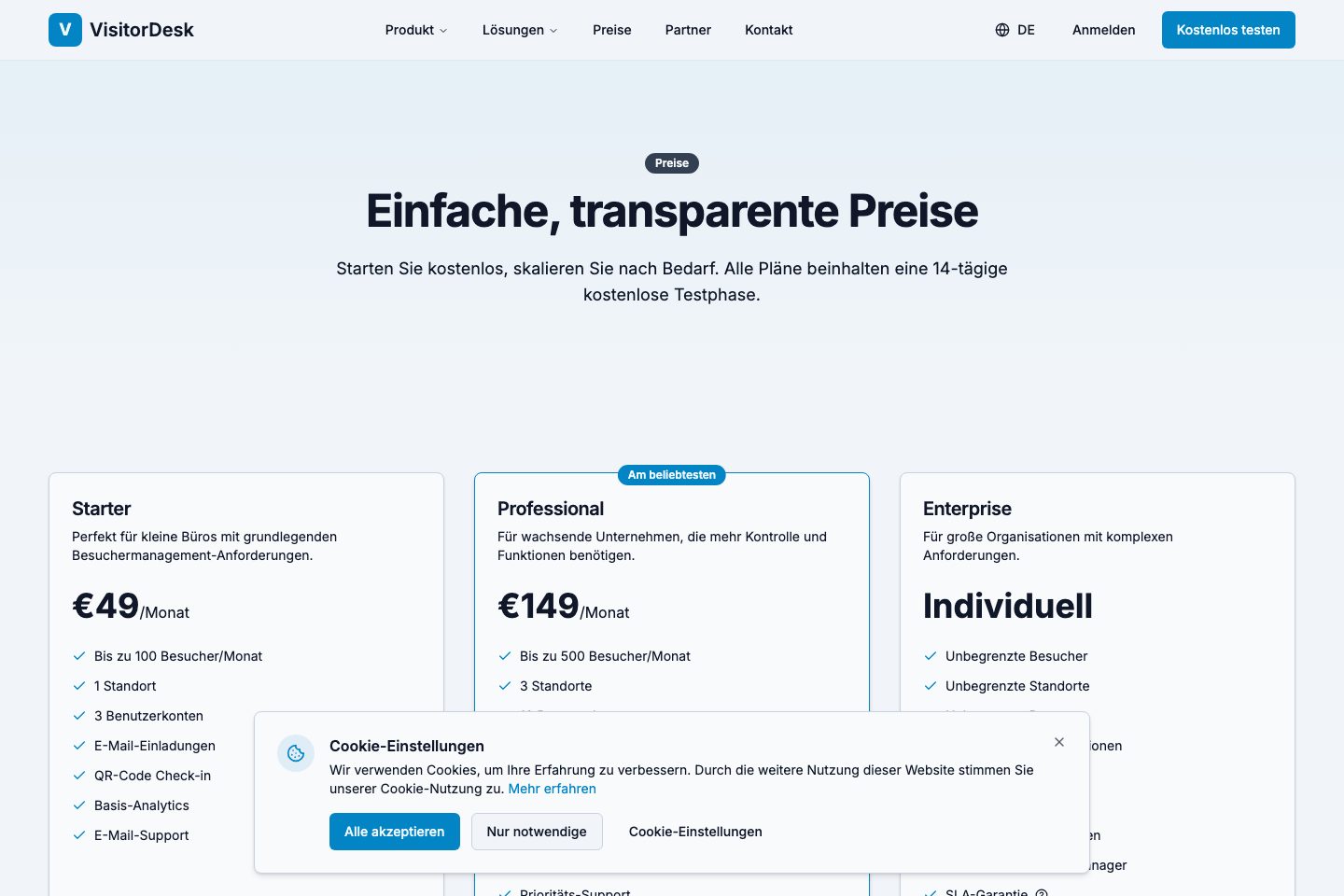 VisitorDesk pricing page screenshot
